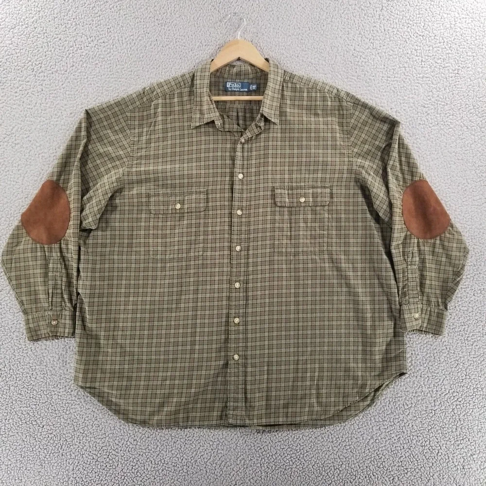 Polo Ralph Lauren Shirt Mens Big 3X Green Plaid Elbow Patch Long Sleeve Cotton